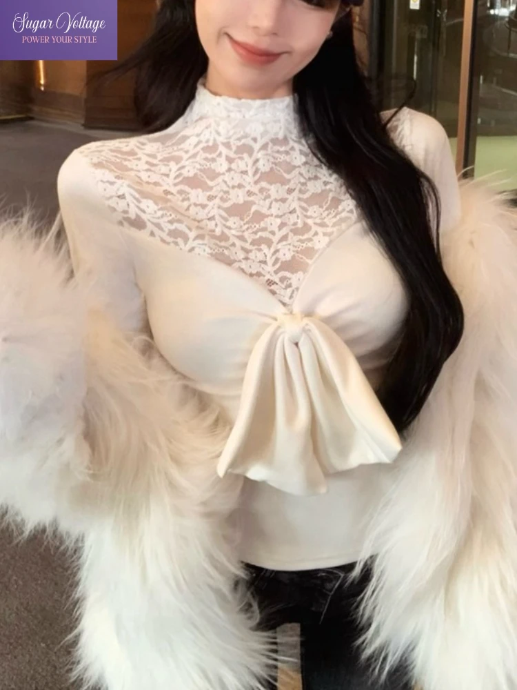 Sexy Elegant Top Women Autumn Winter French Style Lace Patchwork Bow Design Slim Fit Retro Chic Hot Stylish Club Party Outfit