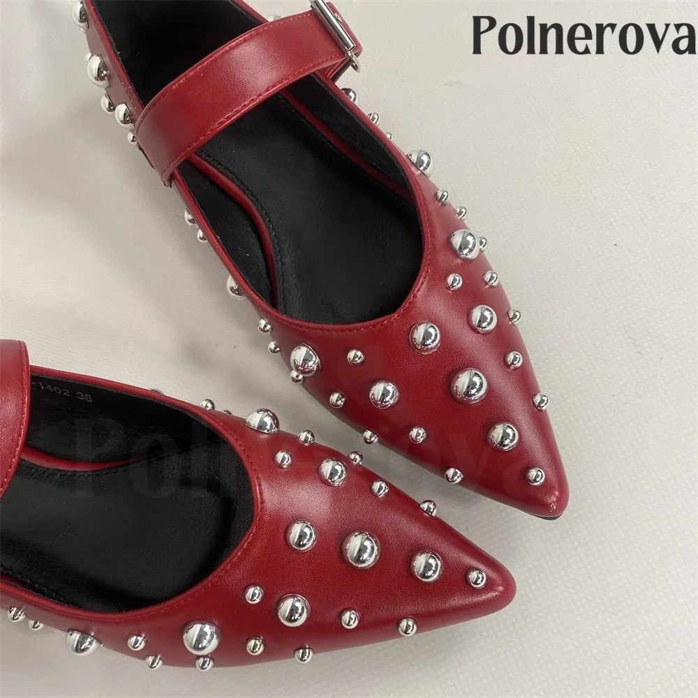 Silver Metal Beaded Pointed Toe Flats Instep Buckle Strap Ballerinas Fashion Style Pointed Toe Flats for Women Custom Color Sale