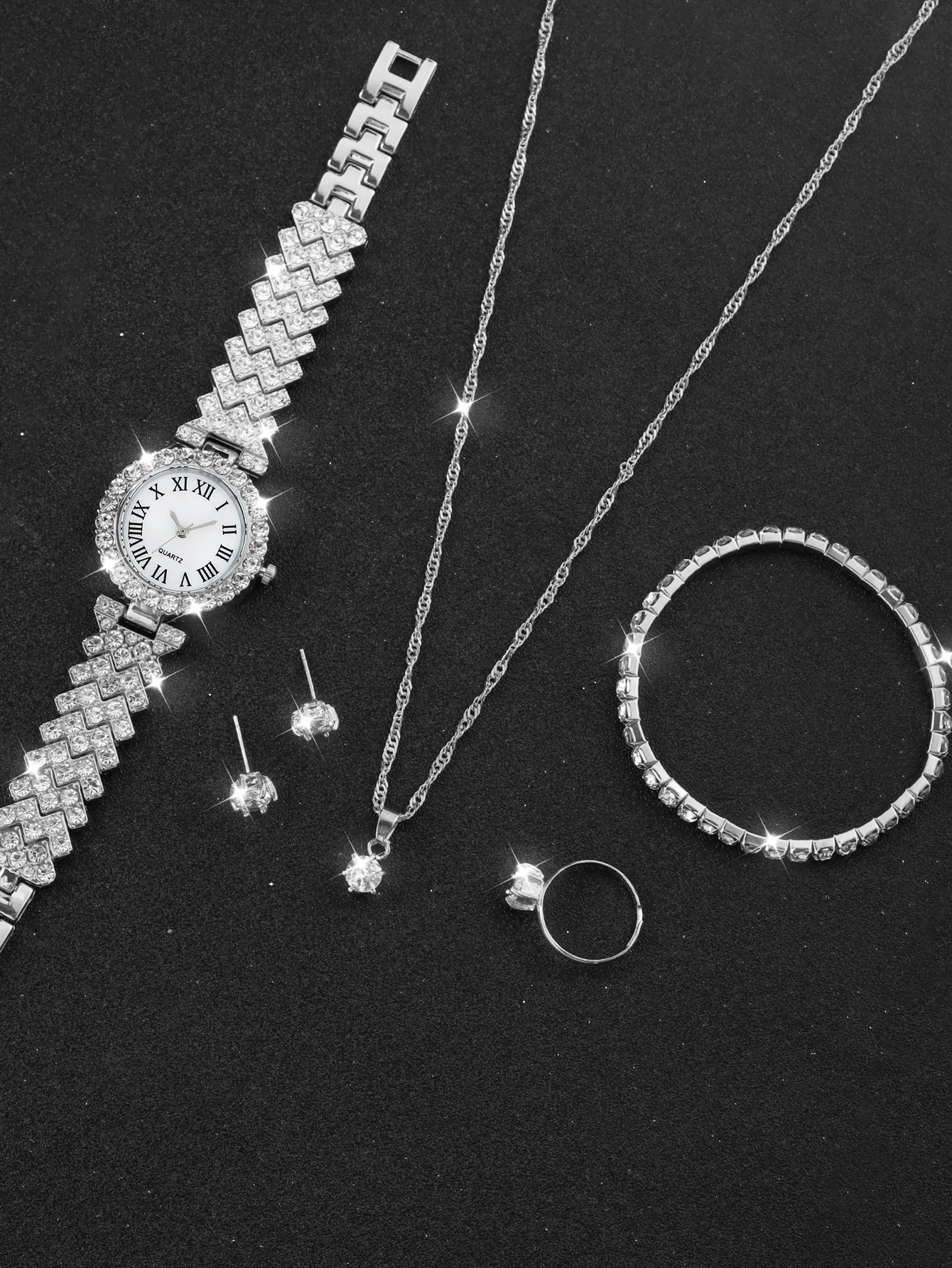 Silver Party Rome Full Diamond women's quartz watch and full diamond necklace set for everyday wear with back-to-school gifts