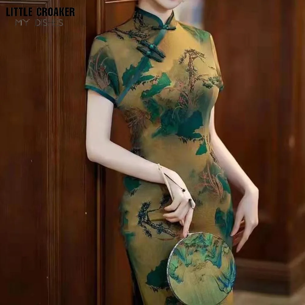 High End Cheongsam New Improved Temperament Chinese Long Slimming Diagonal Placket Daily Summer Standing Collar Elegant Women's