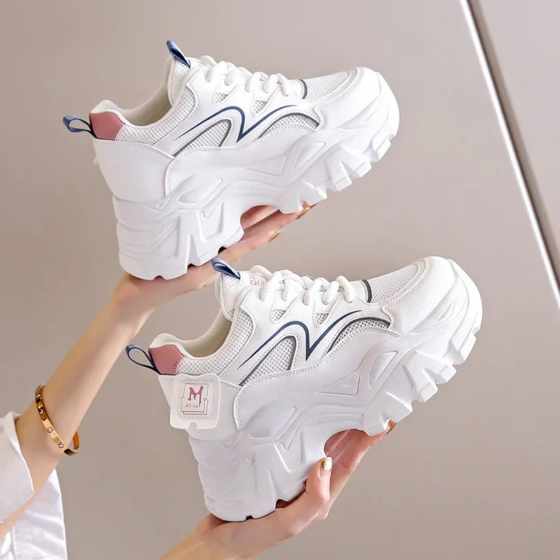 Women\'s Fashion Casual Lace Up Sneakes New Wedge Platform Increase Height Vulcanized Shoes Thick Soled Tennis Sneakes