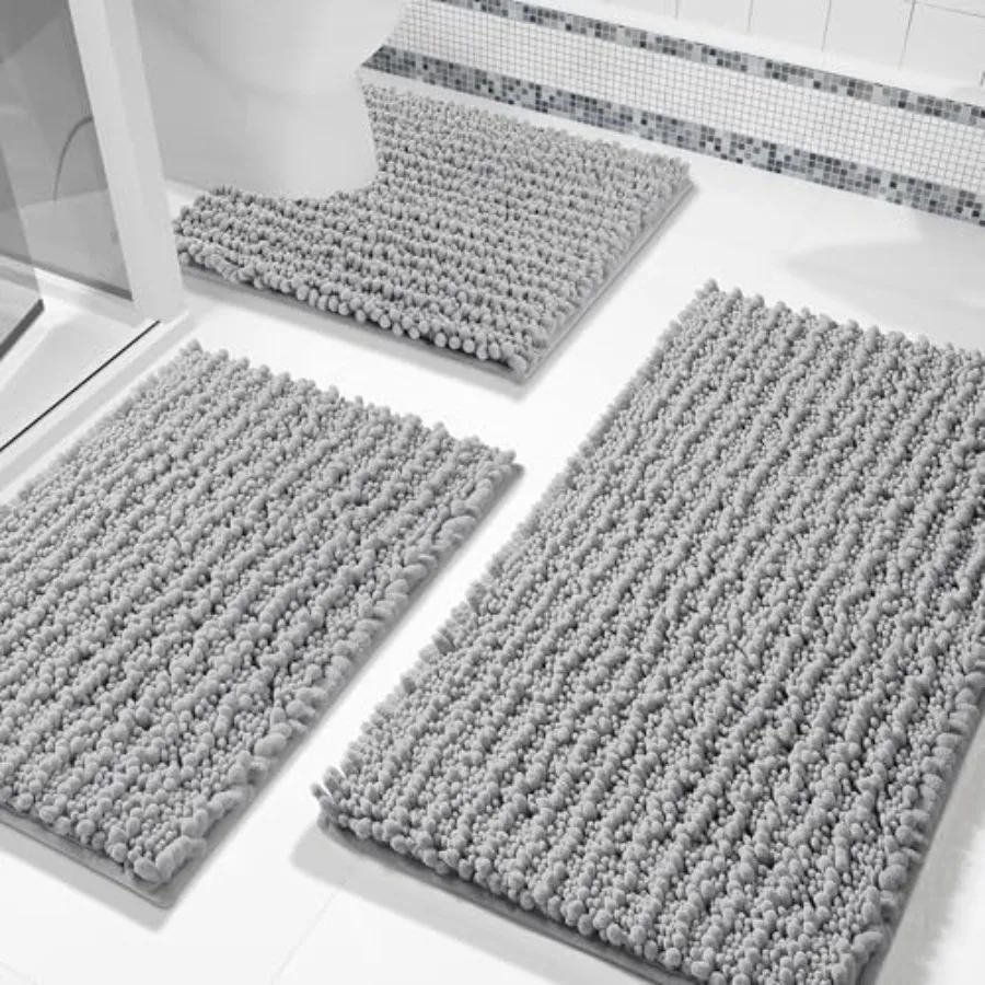 

Bathroom Rug Set 3 Piece - Super Absorbent Quick Dry Chenille Bath Mats and Toilet Rug Non Slip Machine Washable Extra Thick Sh