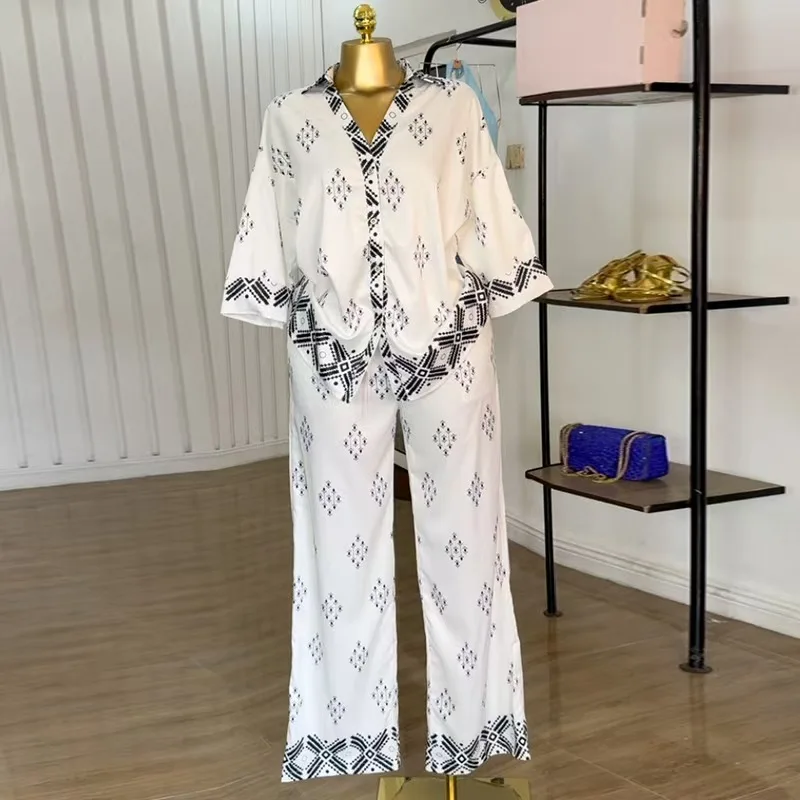 

Модный комплект свободных брюк с принтом и широкими штанинами, женский повседневный летний комплект, комплект из двух предметов ort Sve на пуговицах