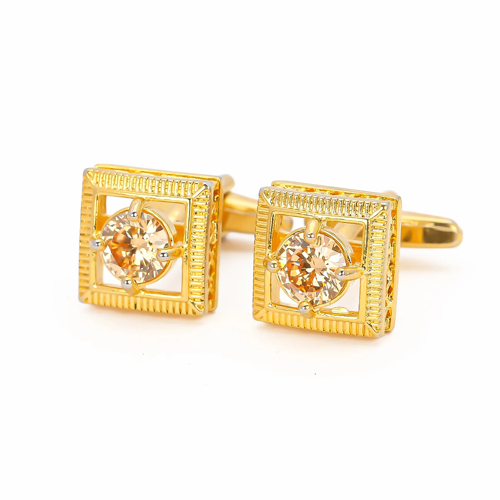 Men's French Cufflinks, Square Champagne Zircon Luxury Gold Plated Formal Jewelry