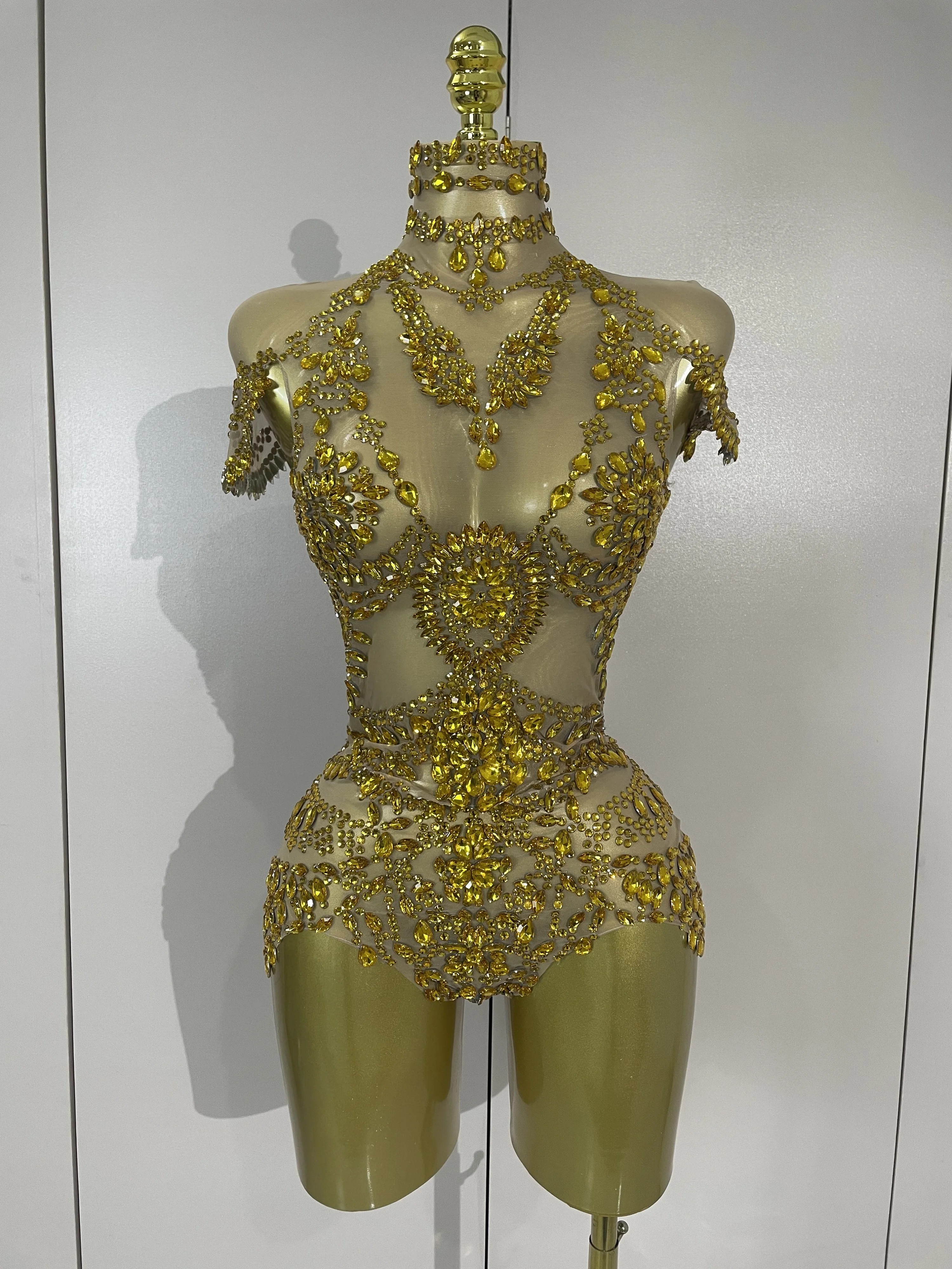 

Сексуальное блестящее сетчатое боди с золотыми стразами, женское боди для дня рождения, вечеринки, празднования выступлений, ночного клуба, сценическая одежда