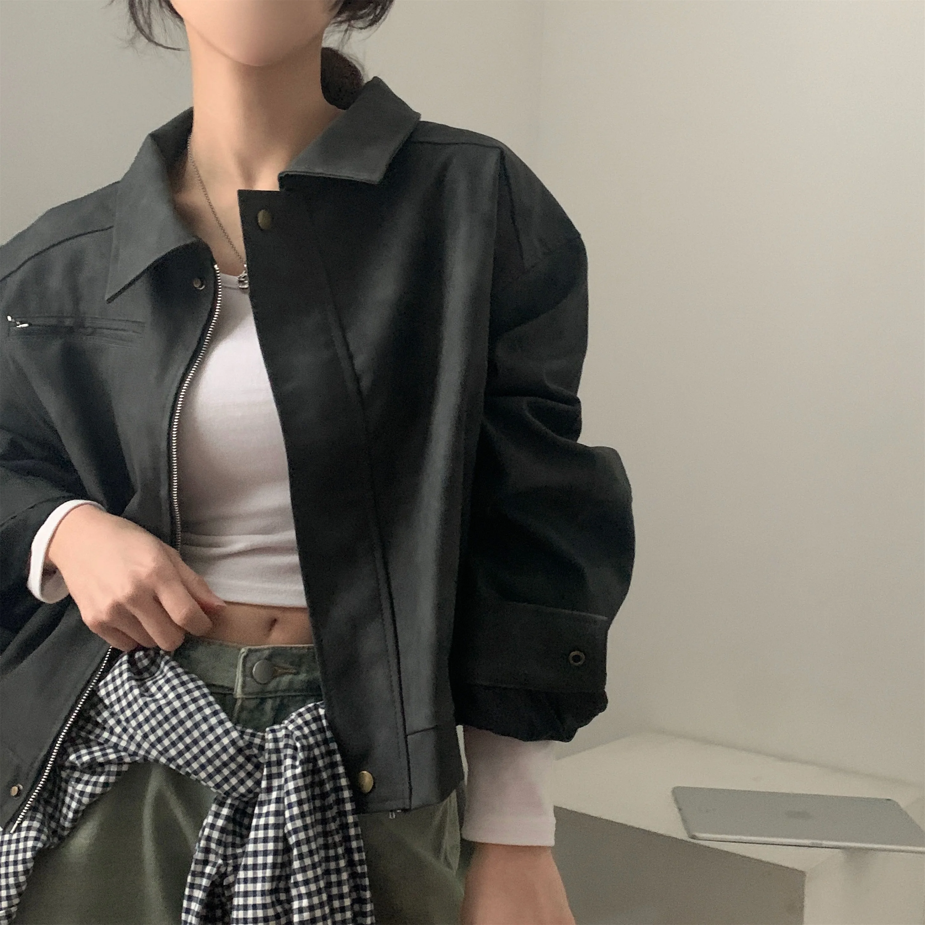 أنيقة الخريف جديد خمر فضفاض طويل Sve الجلد المدبوغ بولي Leather الجلود Jaet طوق معطف الكورية Sle المرأة Faion ملابس خارجية