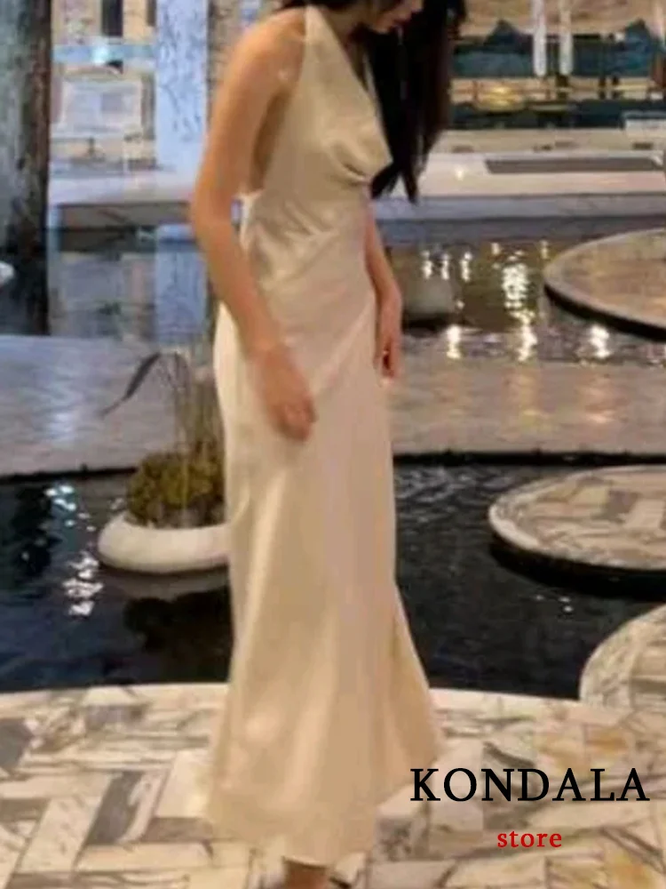 KONDALA Vintage Sexy Chic Women Dress Fold Solid Sleeveless V Neck Satin Long Straight Vestidos Fashion 2024 Party Dress