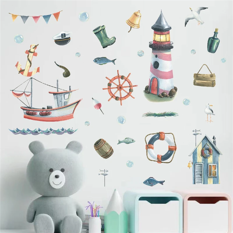 Cartoon Boat Lighthouse Harbor Wall Sticker For Kids Room Home Decoration Diy Seaport Scenery Mural Art Home Decal Pvc Posters