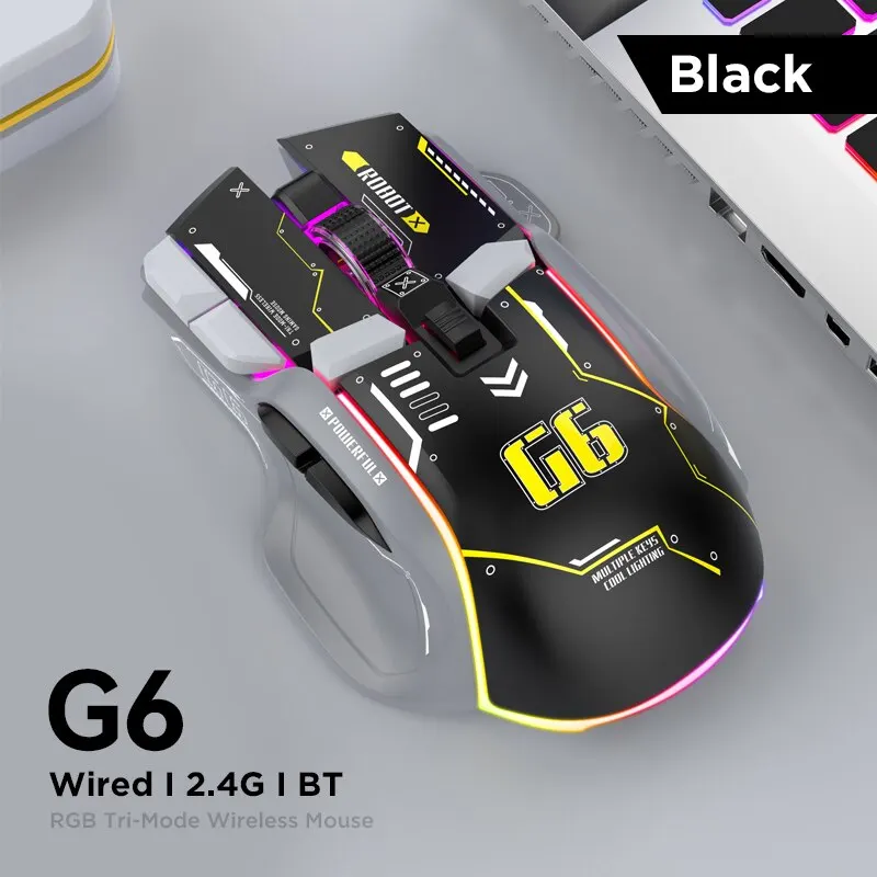 Игровая мышь Attack Shark G6, беспроводная Bluetooth, 3 режима, 4000 точек на дюйм, 11 RGB-подсветка, перезаряжаемая
