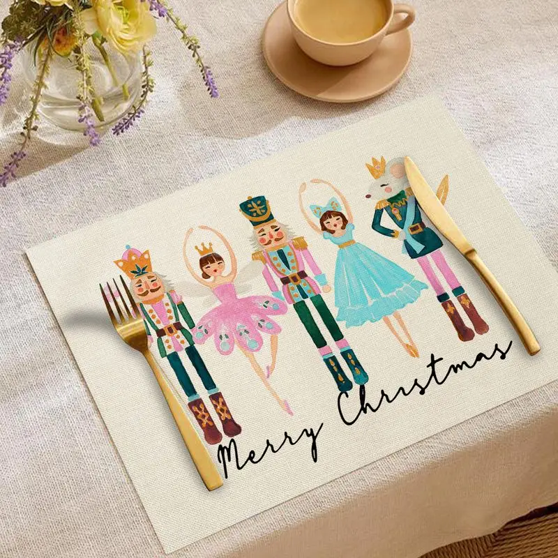VIKAMA Pink Nutcracker Fairy Rectangular Placemats Xmas Snowflake Heat Resistant Washable Holiday Table Decor Mat
