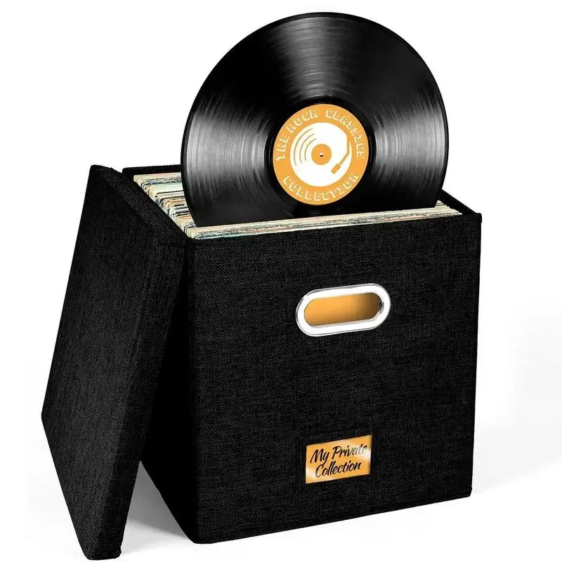 Vinyl Record Storage Box for up to 50+ 12-Inch Albums, Crate, Records LP Album Storage, Fabric Boxes with Lids