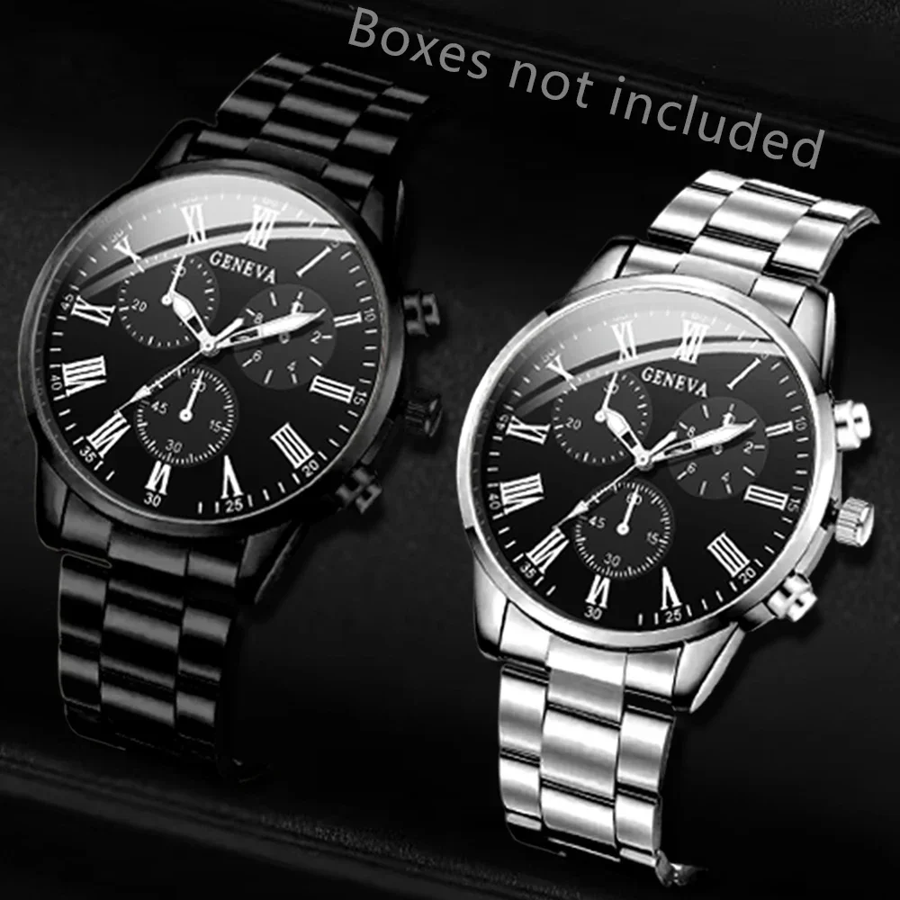 2-piece set of two-color alloy strap men's watch set Geneva Rome dial counter clock men's daily watch set