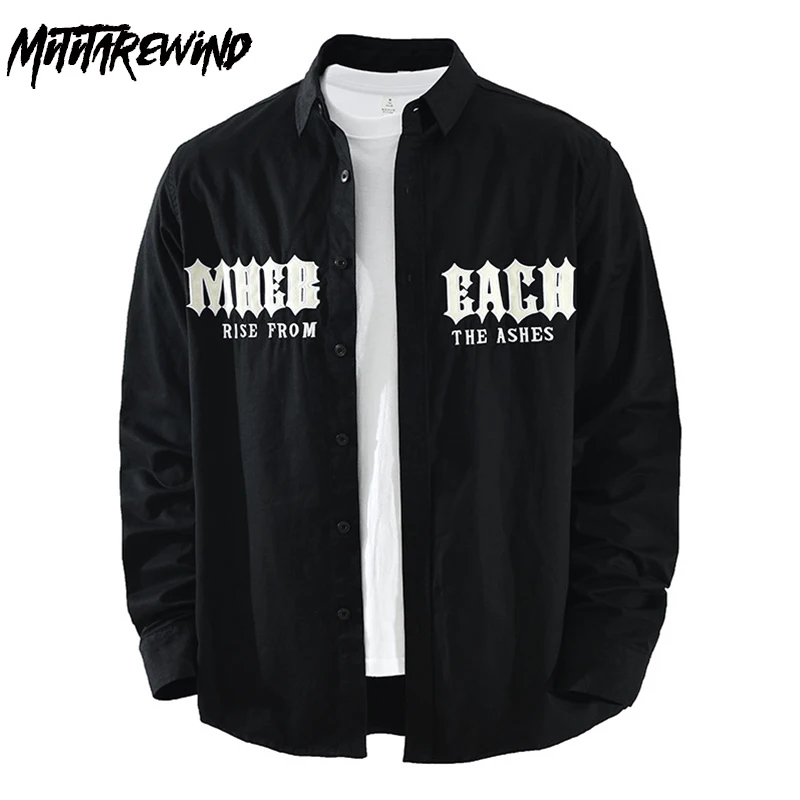 

100% Cotton New Black Shirt Men Long Sleeve Spring Korean Style Clothes Streetwear Letters Top Youth Casual Fashion Shirts Men