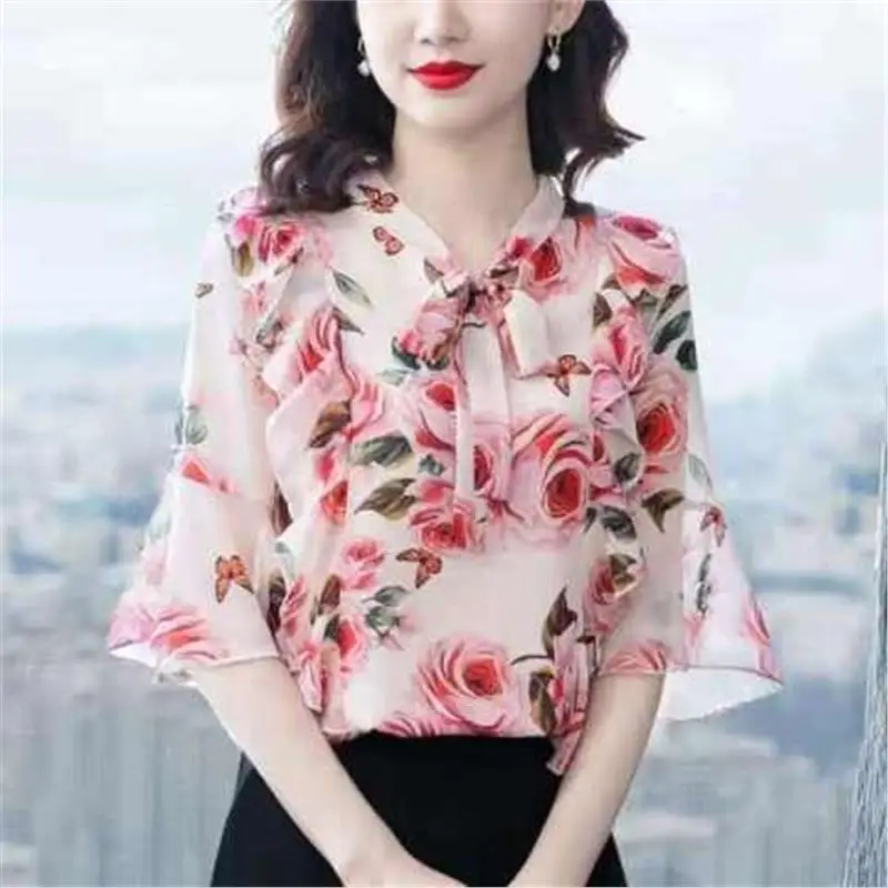 Floral Print Chiffon Top Women's Fashionable Bell Sleeve Ultra Fairy Style Summer New Arrival Cleanfit Ladies T-shirt