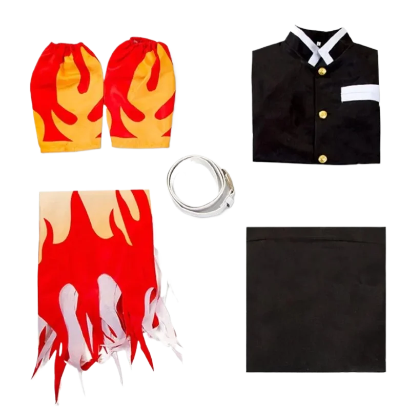 Parrucca cosplay anime mista con capelli sintetici resistenti al calore rossi dorati + set uniforme kimono con motivo fiamma Festa di Halloween