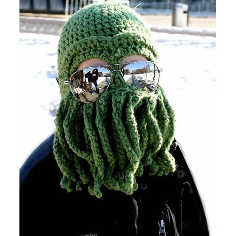 Y2K Novelty Handmade Funny Octopus Beard Hat Unisex Animal Crocheted Tentacle Knit Wind Mask Ski Cap Halloween Balaclava Hats