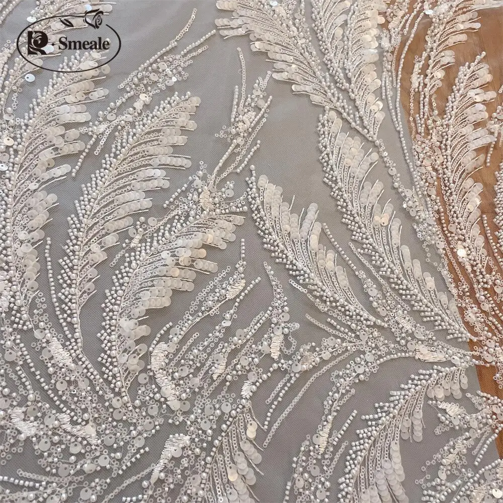 Weißes Fischschwanz-Kleidungs stück, Feder flügel, Perlen Porzellan, DIY Hochzeits kleid Stickerei, Spitzen zubehör, 130x30cm – Detail 6