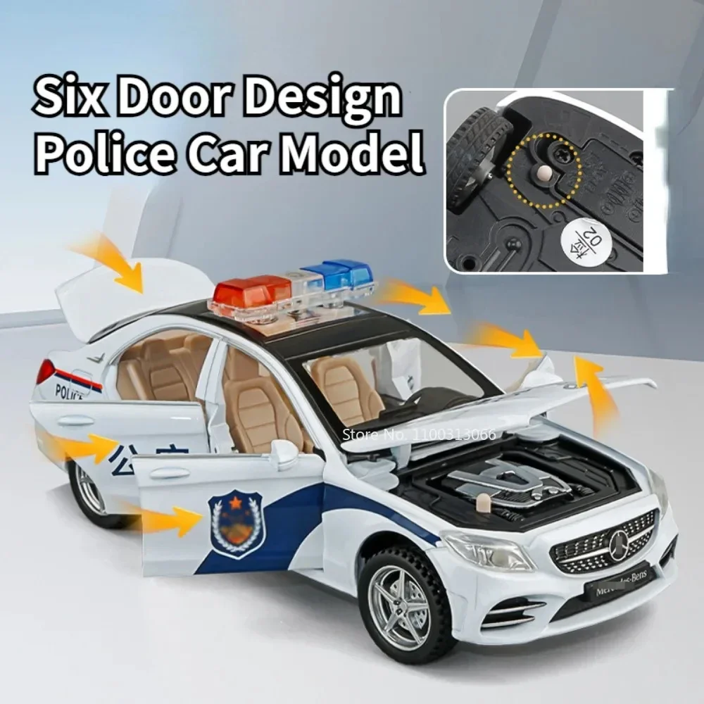 1:32 Benz C260L Miniatur-Polizeiauto, Spielzeugmodelle, Legierung, Druckguss-Sound, Licht, 6 Türen geöffnet, zurückziehbar, SWAT-Fahrzeuge, Jungen präsentiert