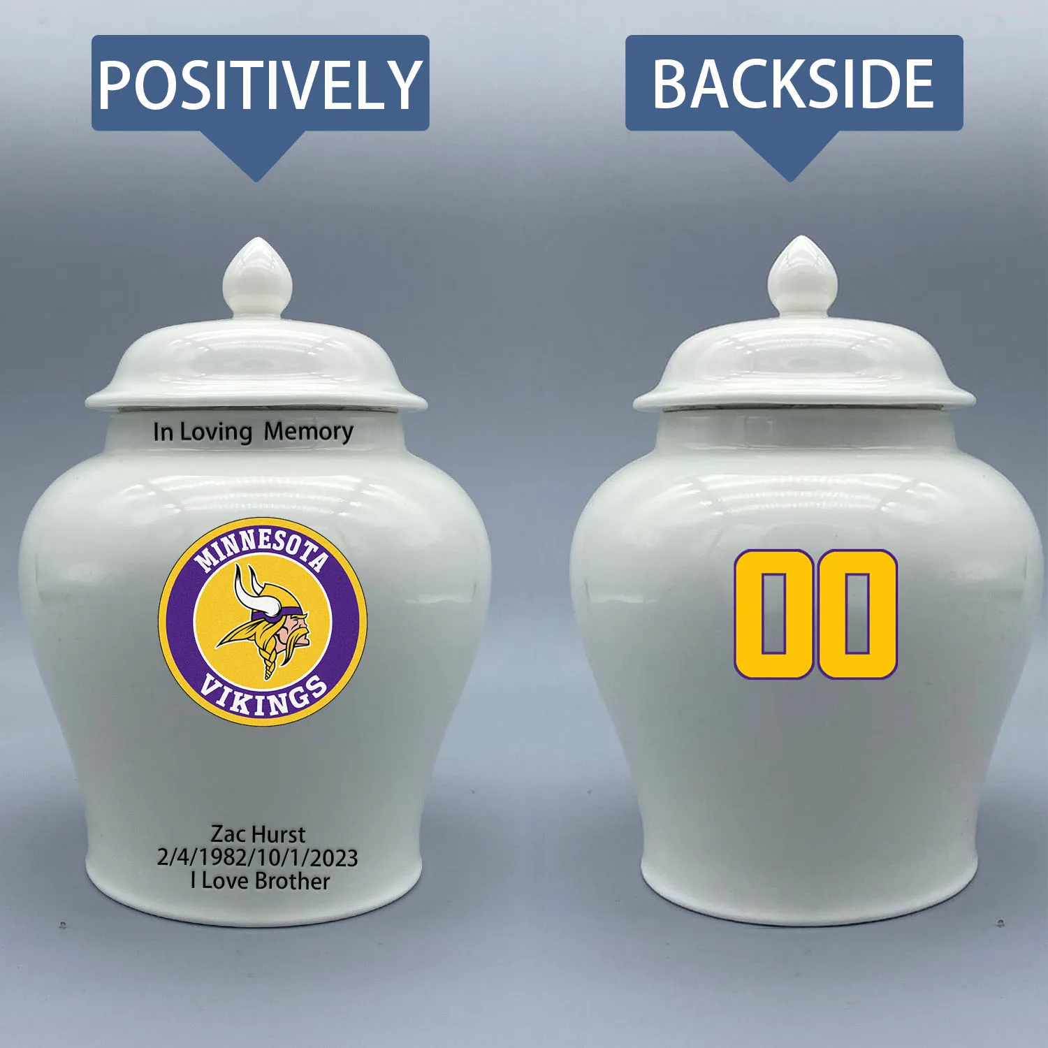 

Medium Urn for Minnesota Vikings-themed Logo Urn.Please send me the customize information-name/date and number on the urn