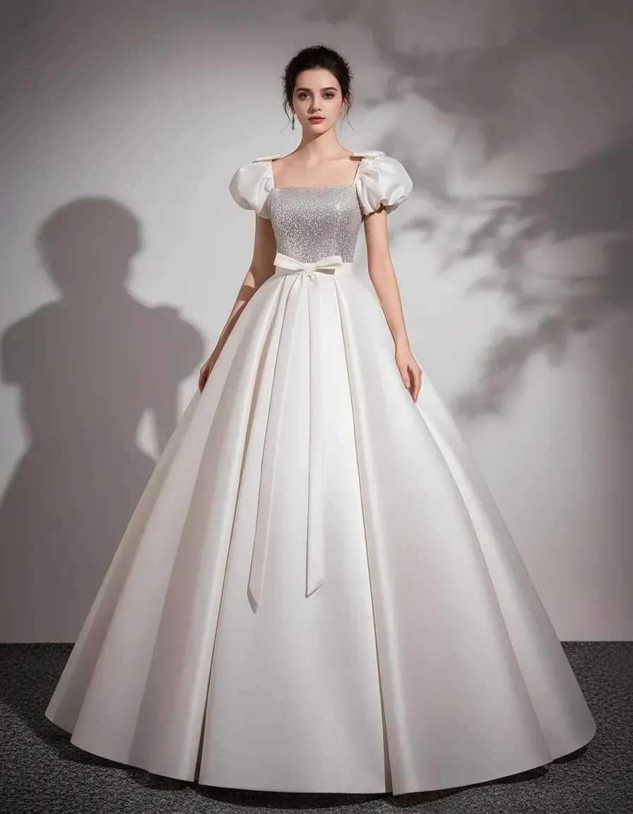 Square Neck Puff Sleeve Satin Ball Gown with Sparkly Bodice for Quinceanera Birthday Graduation Evening Party