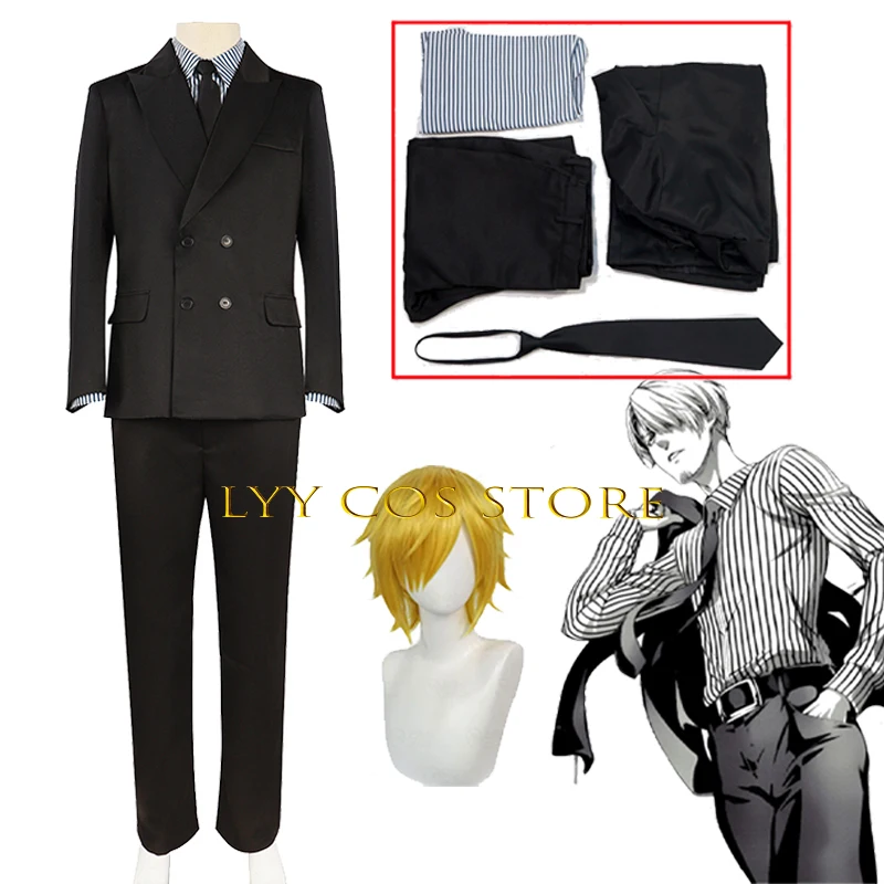 Live Action TV Sanji Cosplay Anime Costume Sanji Uniform Shirt Pants Tie Black Suit Wig Set Halloween Party Outfit for Women Men