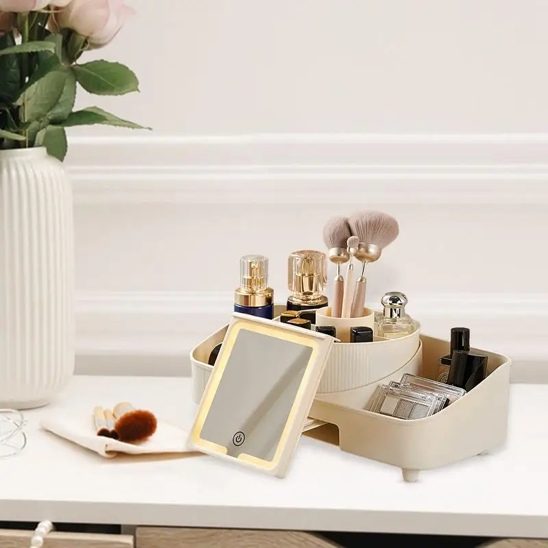 Makeup Box With Lighted Mirror Rotatable Cosmetic Storage Portable Makeup Case With Lighted Mirror With 3 Adjustable Brightness