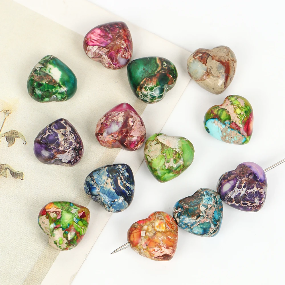 Natural Stone Beads 2pcs 15mm Multicolor Sea Sediment Jasper Heart Beads for Jewelry Making DIY Bracelets Earring Accessories