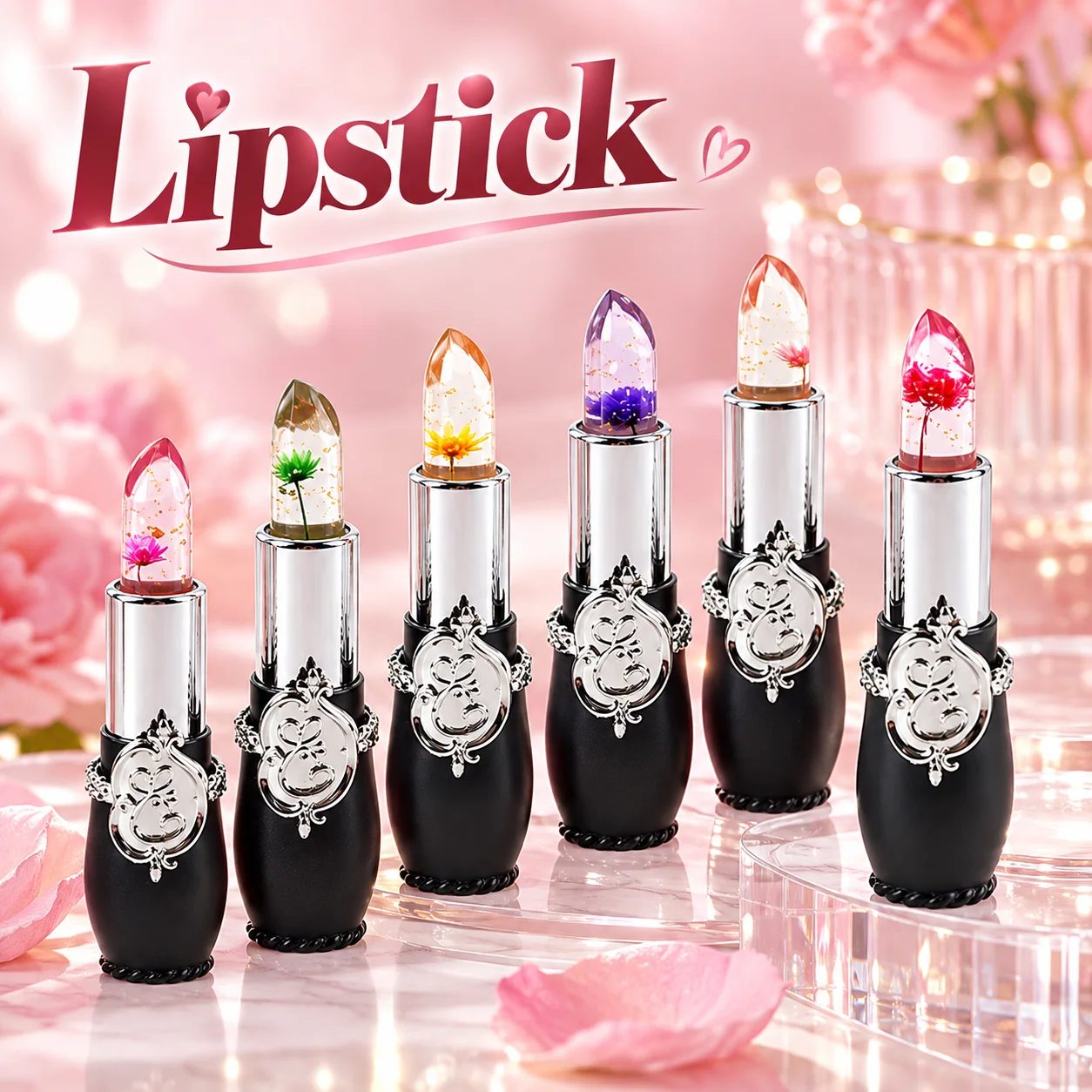 Color Changing Jelly Lip Balm Set, 6 Piece Clear Dried Flower Lipstick with Moisturizing Texture for Daily Long Lasting Makeup