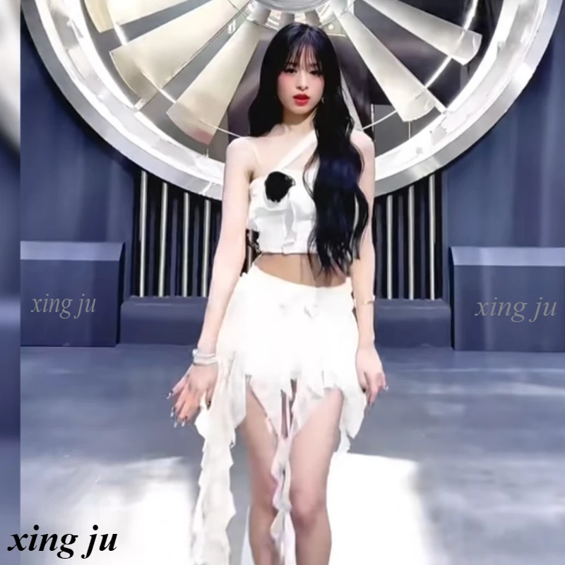 

Kpop Korean Singer White Halter Crop Tops Irregular Ruffles Skirt Women Party Jazz Dance Costume Kpop Stage Performance Outfits