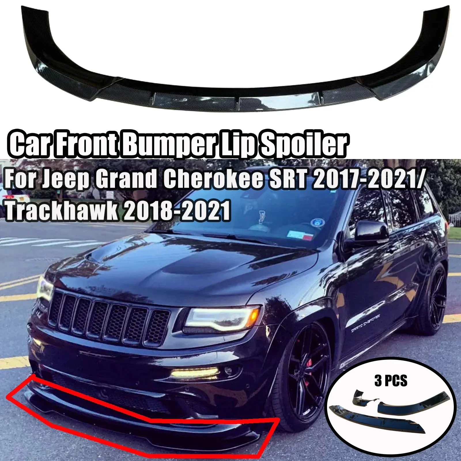 For Jeep Grand Cherokee SRT 2017-2021/Trackhawk 2018-2021 3Pcs Car Front Bumper Lip Spoiler Splitter Car Accessorie Glossy Black