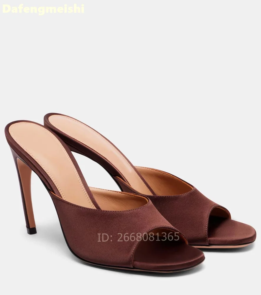 Coffee Brown Satin Open Square Toe Mule Slippers Slip On Thin Stiletto Heel Sandals Women Summer Daily Evening Party Slides