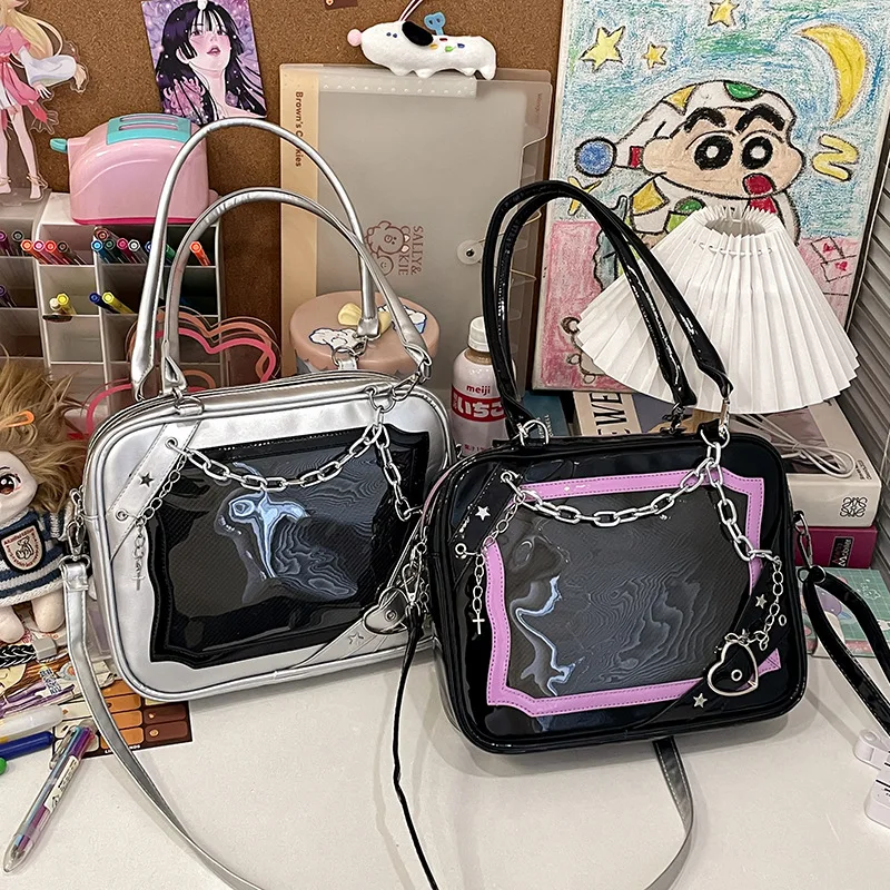 Japanese Harajuku Itabag Women With Metal Chain Clear Transparent PVC Crossbody Bags DIY PU Leather Shoulder Bag Tote Handbags view 4