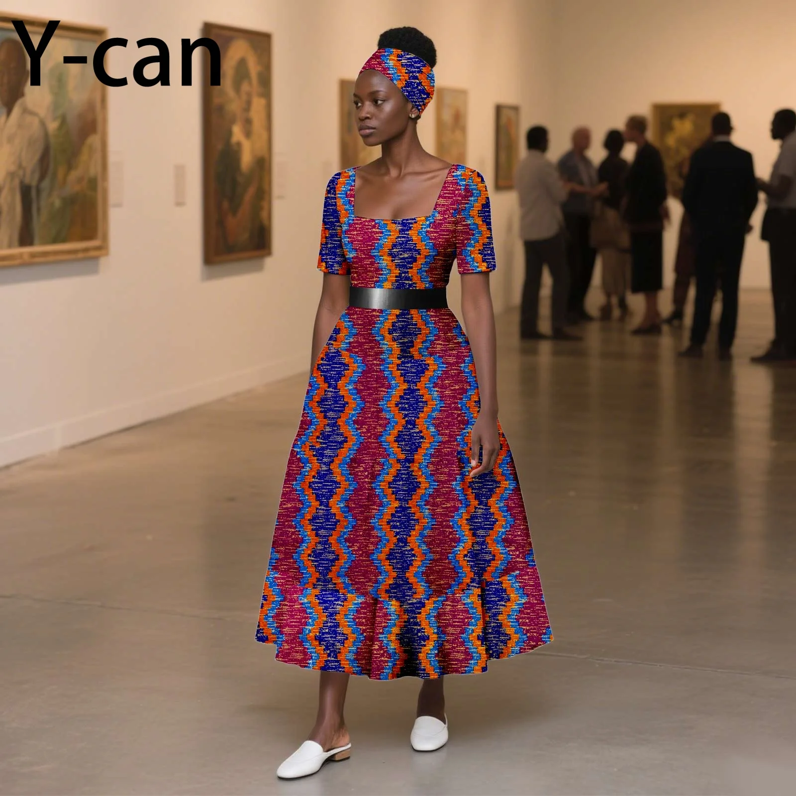 Ankara Fashion Square Collar Short Sleeve Dashiki Print Dress with Headwrap Elegant Lady Dresses African Style 2525102 - view 2
