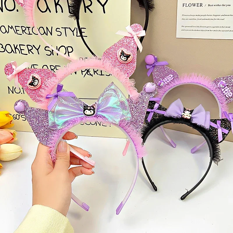 Kawaii Sanrio Kuromi Children Headband Hello Kitty Melody Cinnamoroll Cartoon Bow Shiny Hairband Hair Accessories Christmas Gift