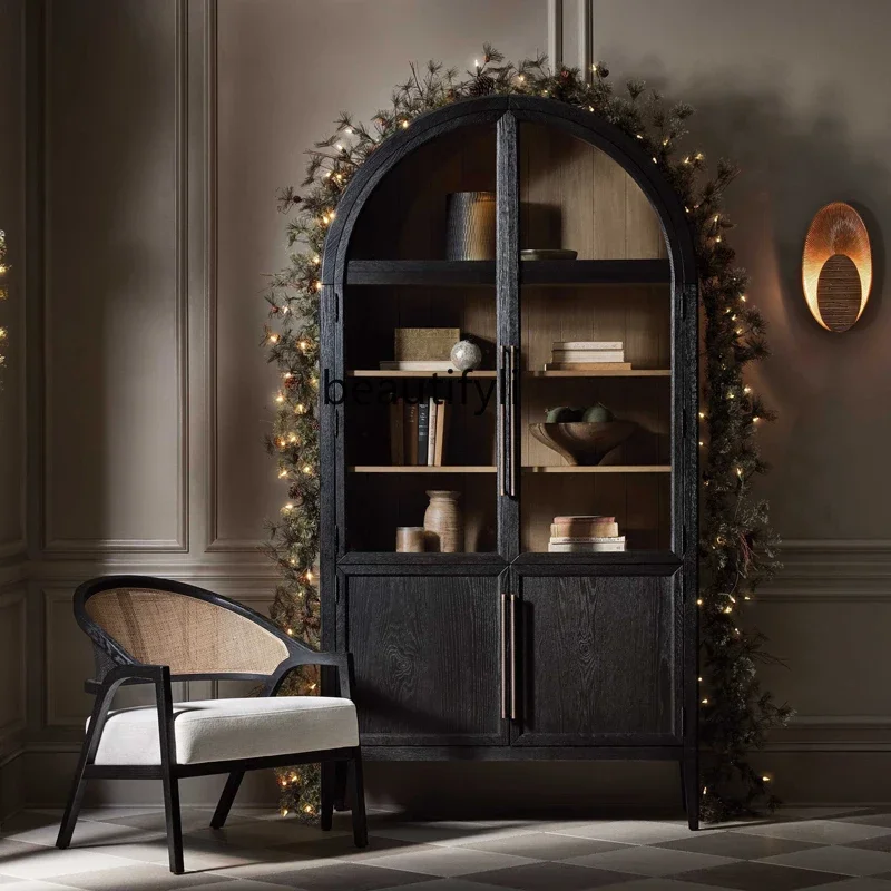 

American light luxury solid wood bookcase Nordic side cabinet arched with glass cabinet door French retro
