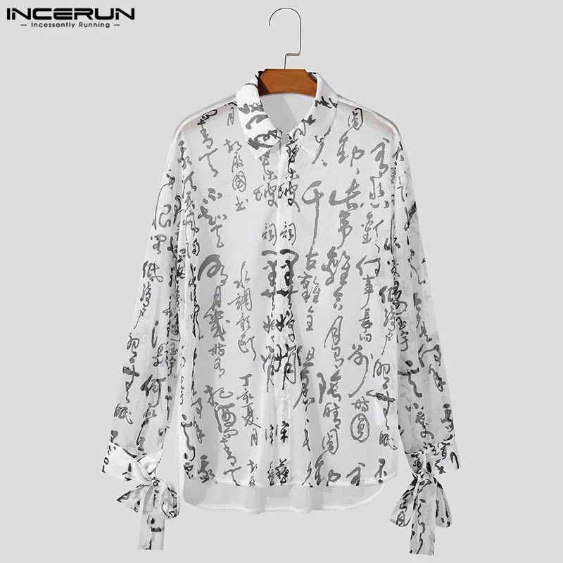 INCERUN Tops 2024 Korean Style Men Loose Perspective Chinese Character Print Shirt Fashion Personality Long Sleeved Blouse S-5XL