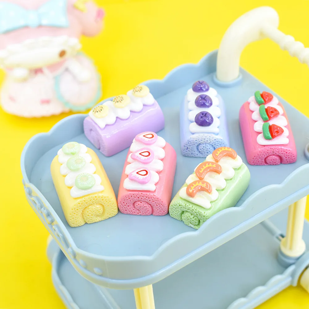 6pcs Mini Strawberry Fruit Cake Roll Bread Hand Diy Food Play Resin Pendant Refrigerator Stickers Doll Accessories Home Decor