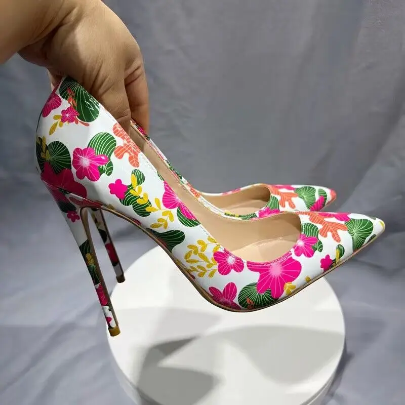 New Spring Shoes Flowers Colourful Print Sexy Stiletto High Heel Shoes 10Cm/12cm/8cm  pointed Toe Party PPumps Shoes