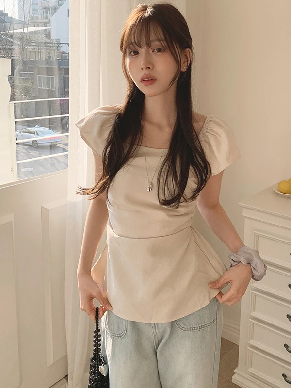 

Sweet Versatile Women's irt Summer Pure Color Bal Square Collar ort Sve Fly Sve Elastic Waist Design Commute S...