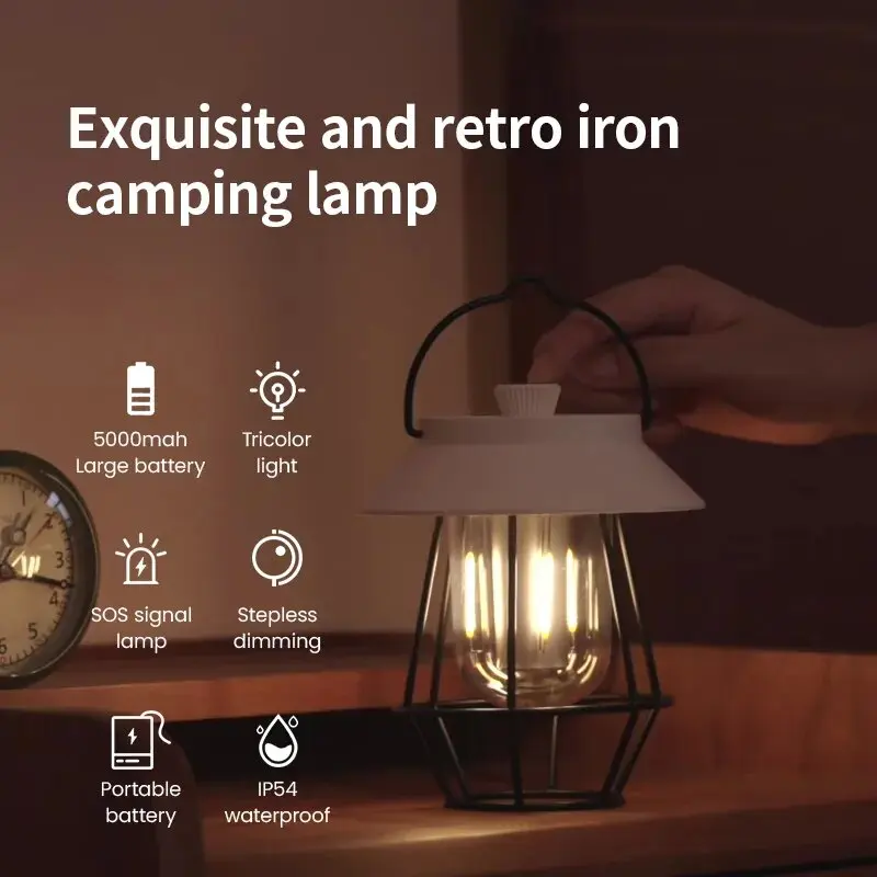 New Retro Portable Camping Lantern Rechargeable Light Hanging Lamp Outdoor Light Household 3 Modes Dimmable Flashlight With USB