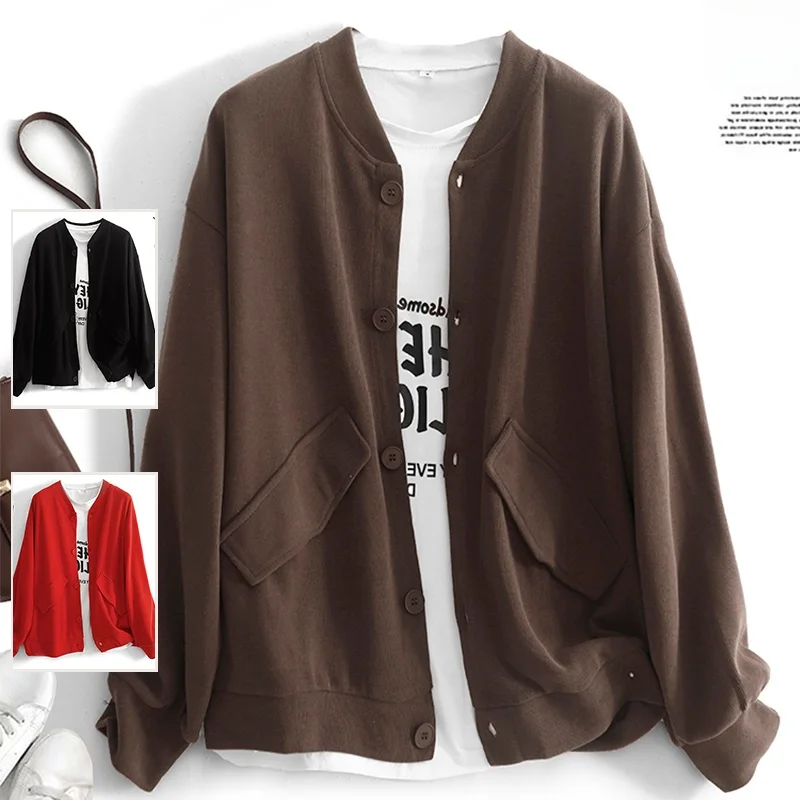 

Повседневная бейсбольная куртка больших размеров, женский осенне-зимний однотонный открытый кардиган с воротником-стойкой, универсальный топ для отдыха