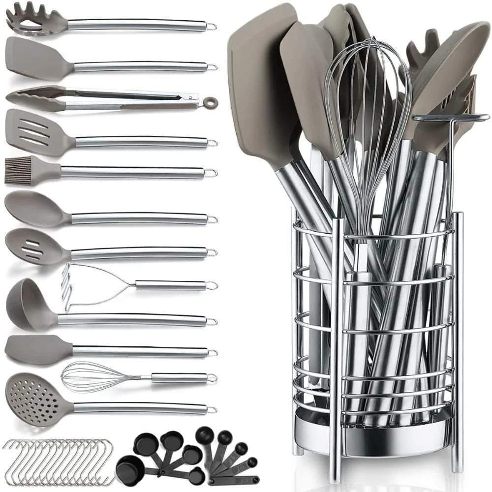 

38-piece non-stick silicone cooking utensils set, kitchen tools set, stainless steel utensil holder, dishwasher safe