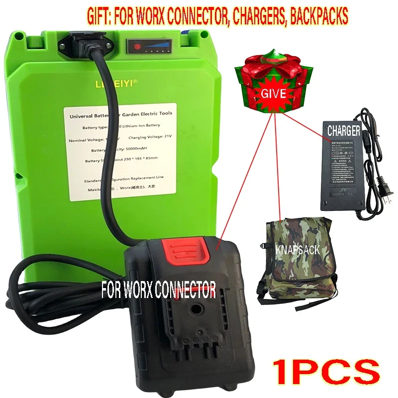 21V 50000mAh 18650 Lithium Battery Is Applicable To Electric Lawn Mower, Hedge Machine, Tea Picker, Etc for WORX converter