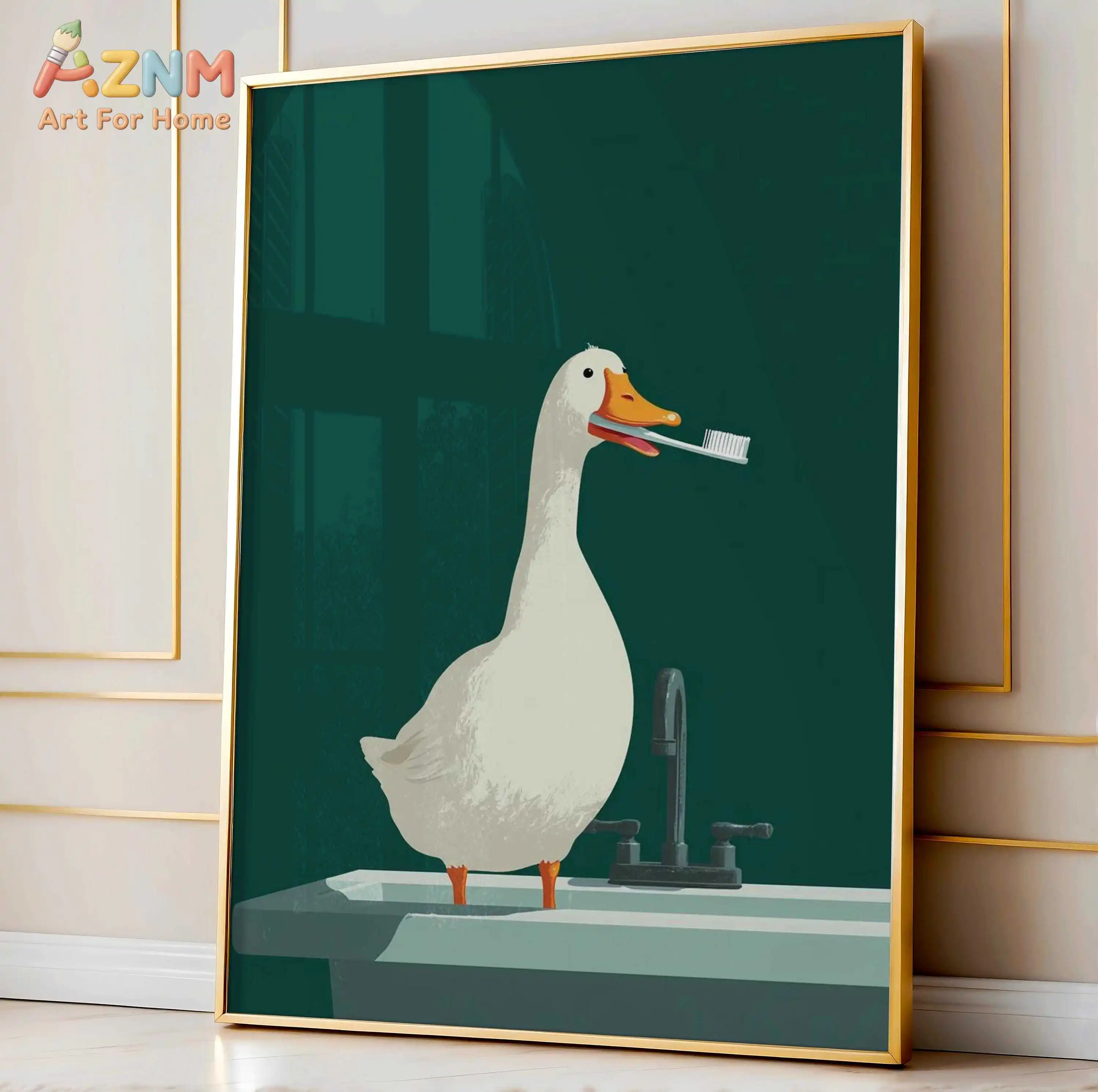 AZNM White Goose Bathing In Vintage Tub Canvas Print Rubber Duck Bubble Dark Green Background Funny Cute Bathroom Wall Art Unfra