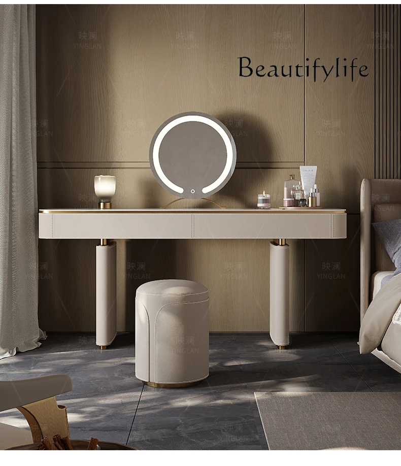 

Light luxury high-end dressing table Italian rock slab bedroom solid wood modern simple saddle leather dressing table