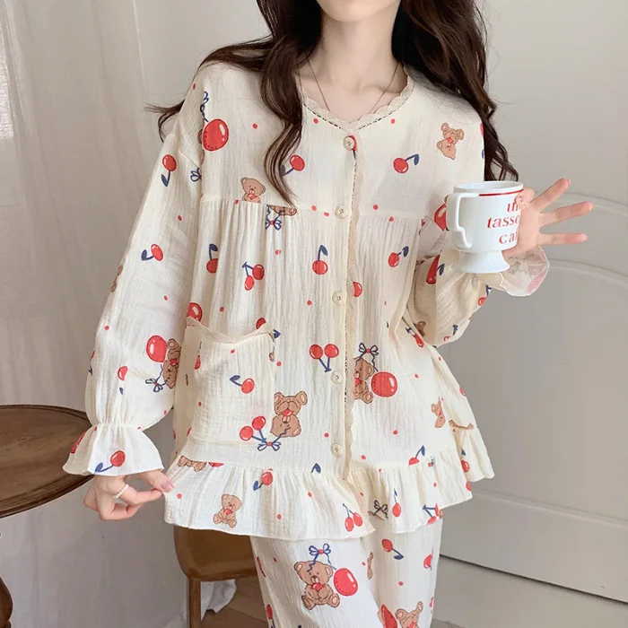 Women\'s Rustic Pajamas Women\'s Autumn Small Yellow Flower Round Neck Lace Cardigan Long Sleeve Long Pants Casual Homewear Set Ms