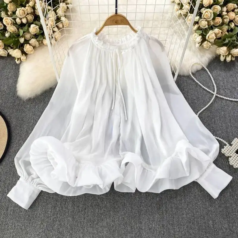 

BabYoung 2025 Spring Autumn O-Neck Ruffles Blouses Korean Sweet Chiffon Shirts Women Y2k Lantern Sleeve Loose Blusas Mujer