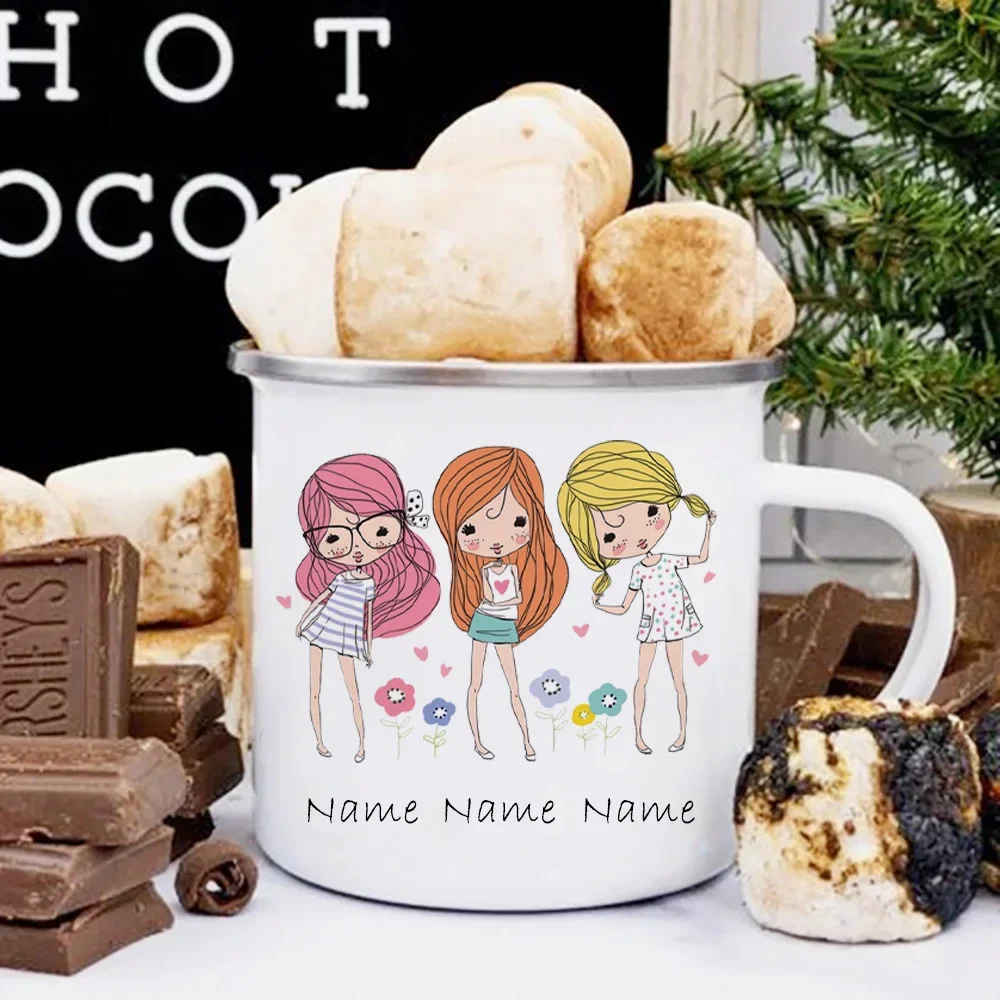 Personalized 3 Best Sisters Enamel Mug, Custom Metal Cup, Birthday Gift for Friends, Portable Coffee Cups, Tea Cups