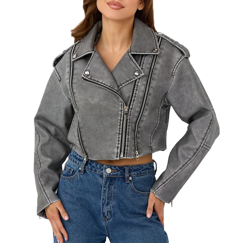 Ailegogo nowa wiosna jesień kobiety Retro krótki Pu ze sztucznej skóry kurtka damska na zamek błyskawiczny Moto kurtka na rower Streetwear — zdjęcie 2