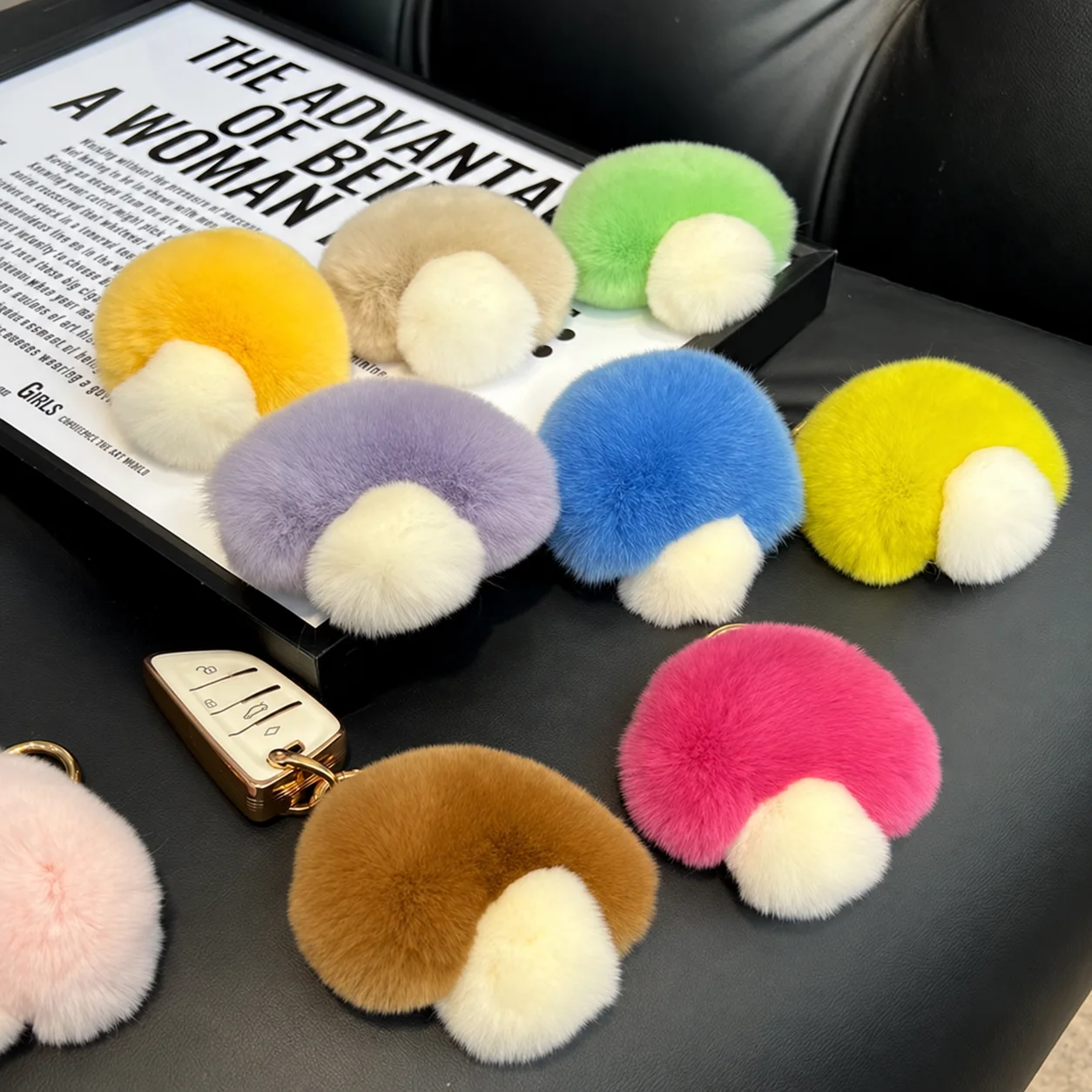 Plush Pendant Charm Faux Rex Rabbit Fur Mushroom Key Chain Backpack Decoration Charm Plush Metal Ring Key Chain For Travel Bag